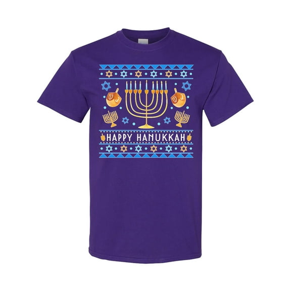 Inktastic Happy Hanukkah Sweater Style Design with Menorah and Dreidel T-Shirt
