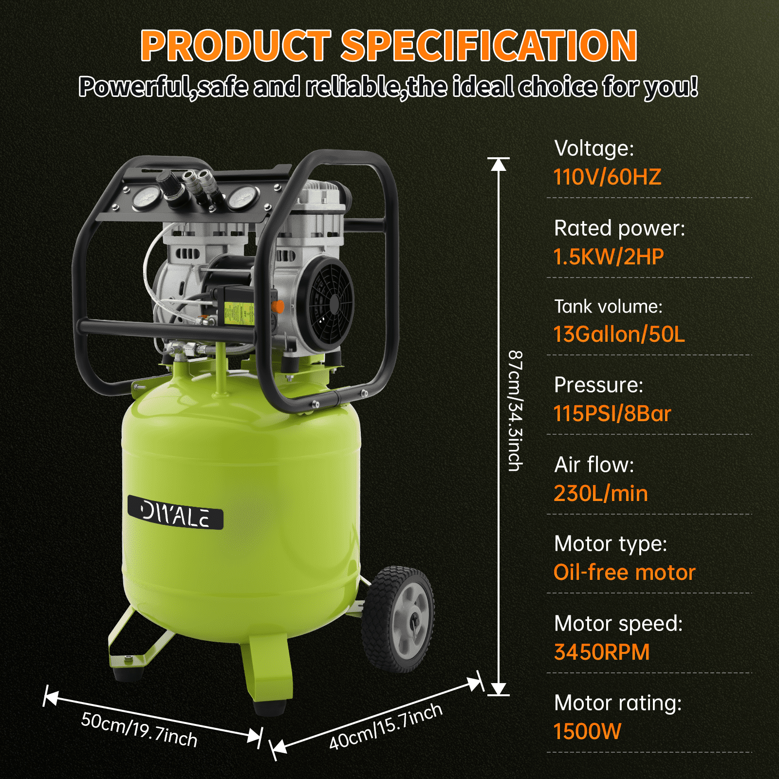 13 Gallon Air Compressor,2HP 4.2SCFM @90PSI Ultra Quiet and Oil-Free Air Compressor,115PSI Max Pressure,51 dBA Noise Level,Oil Free Compressor Tank for Auto Repair, Tire Inflation, Spray Painting