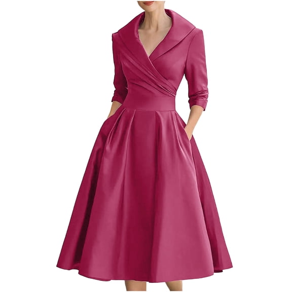 WRKEKC Business Casual Outfits for Women Solid Color Long Sleeve Collared Midi Dress for Fall Winter Button Front Belted Waist Side Pockets Shirt Dress