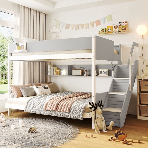 PureDashio Twin Over Full Bunk Bed with Stairs, Wood Bunk Bed Frame with Storage Shelves, LED Light & Guardrails, No Box Spring Needed, Grey