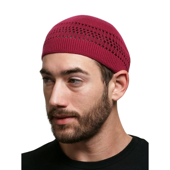 Candid Signature Cotton Kufi Beanie Lattice Weave Hats for Adult Men and Women's, Red
