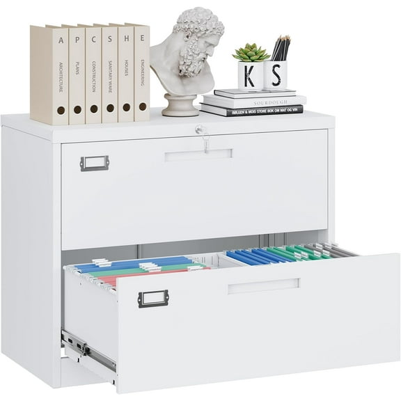 Yizosh 2 Drawer White File Cabinet with Lock, Modern Metal Lateral Filing Cabinet for Home Office, Holds Up to 240 lb, 15.8" x 35.4" x 28.7"