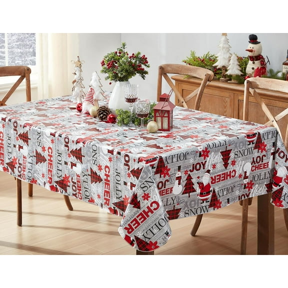 Christmas Country Plaid Santa and Snowman 52 x 52 inch Square Vinyl Flannel Backed Tablecloth