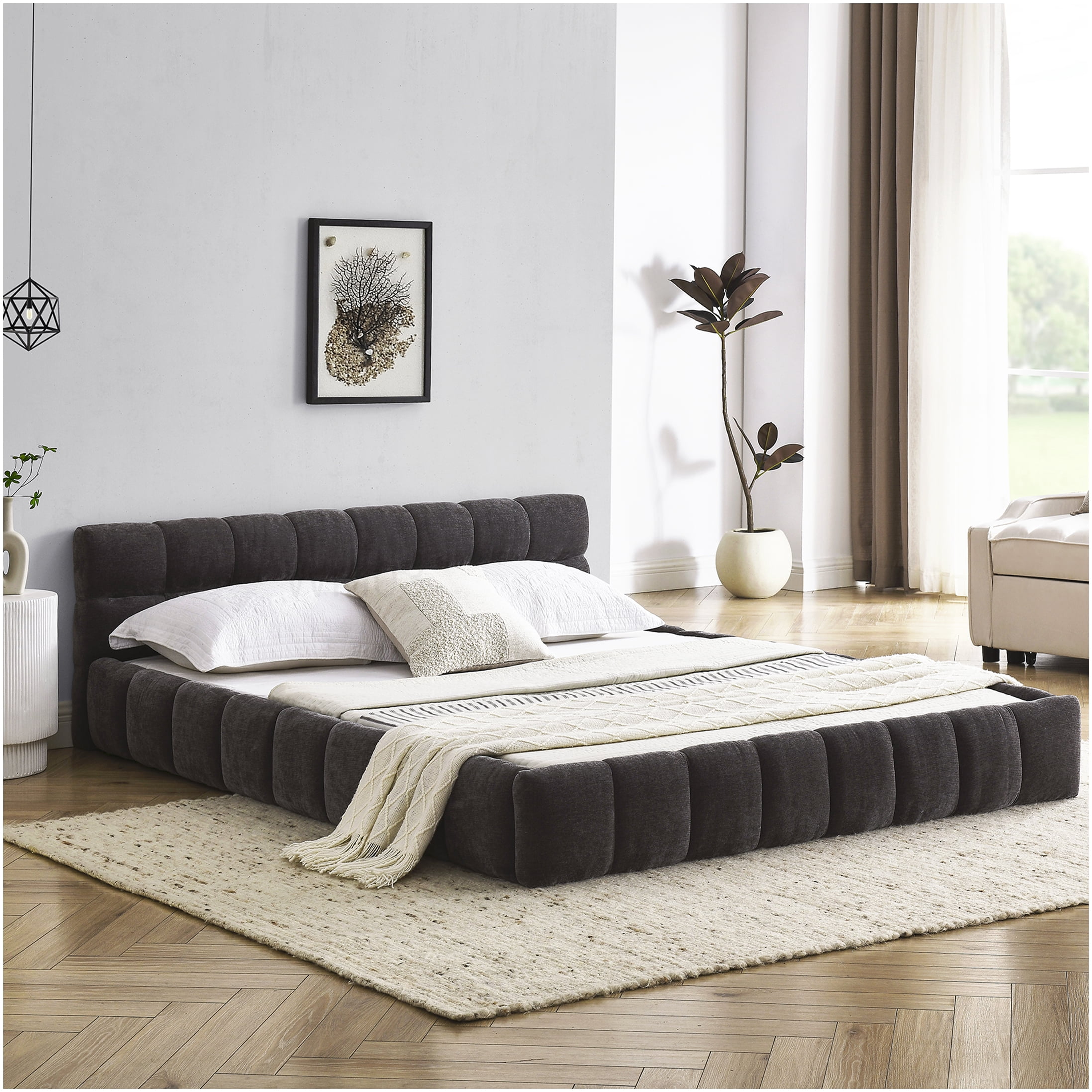 Modern Upholstered Queen Bed Frame with Headboard, Dark Grey Chenille Fabric, Sturdy Platform Base, No Box Spring Needed