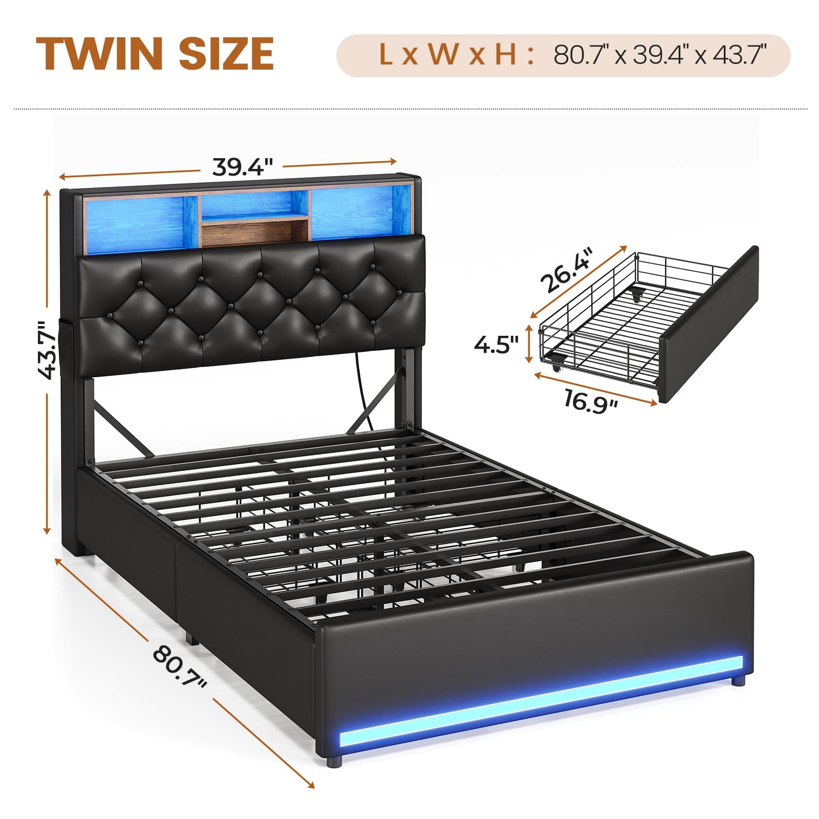 Afuhokles Twin Bed Frame with 4 Drawers and Storage Headboard, Upholstered Bed with Charging Station, Black PU