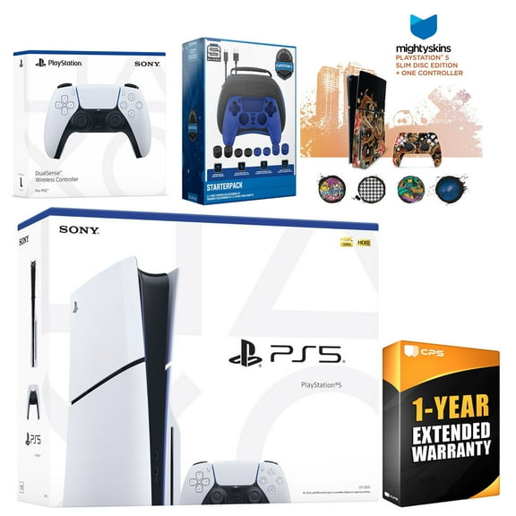 Sony Playstation 5 Slim Disc with Extra White Controller, Gamer Starter Kit and MightySkins Decal Voucher Plus 1 Year CPS Extended Warranty