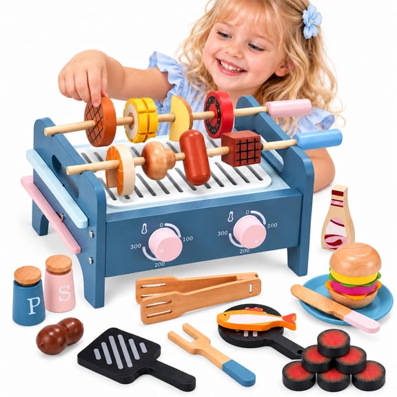 Wonderstone Wooden BBQ Grill Pretend Play Set for Kids, Kitchen Barbecue Toy with Cooking Accessories, Educational Role Play Food Toy, Birthday Gift for Toddlers 3
