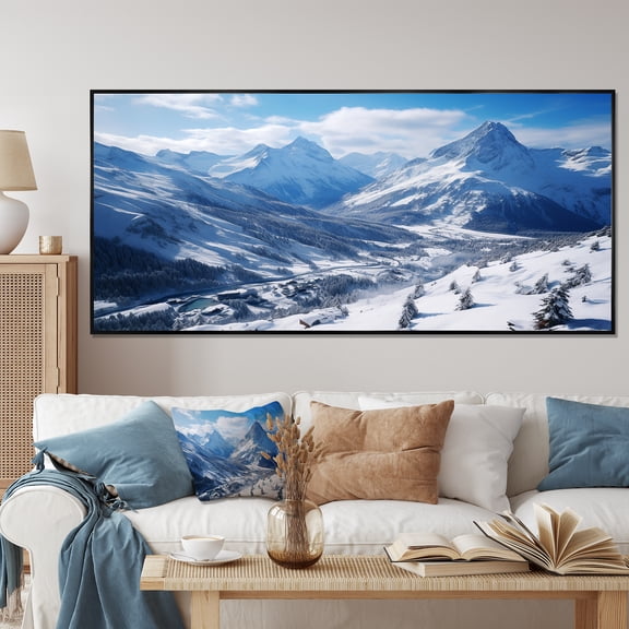 Designart "Pine Valley Mountain Winter Majesty VI" Oversized Landscapes Framed Wall Art - Traditional White Winter Landscape Hallway Framed Wall Art Decor