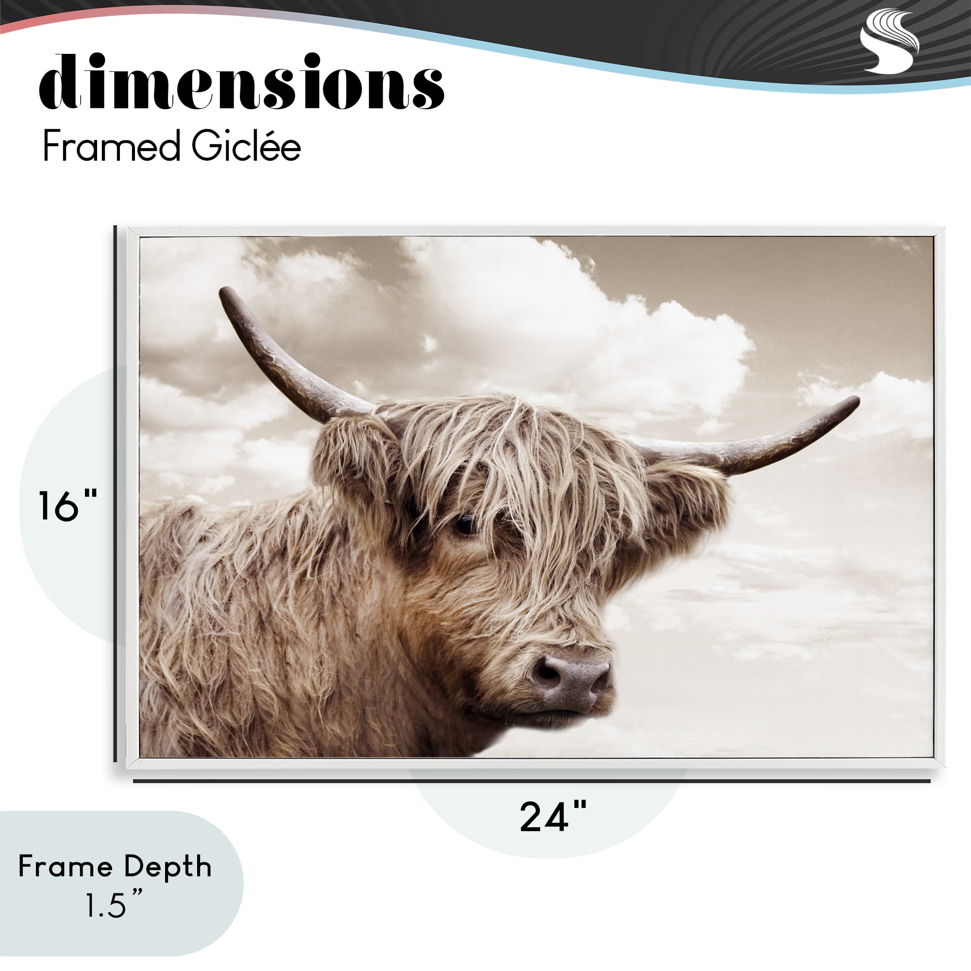 Stupell Industries Shaggy Highland Cow & Clouds White Framed Giclee Art, design by CAD Designs