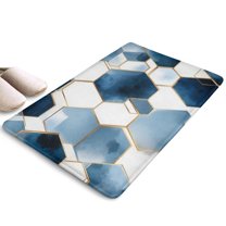 Blue White Gold Hexagon Marble Pattern Flannel Non Slip Door Rugs,Washable Door Mats Indoor,Decorative Door Mats,Dirt-Resistant and Absorbent Doormat for Entrance,Bedroom,Kitchen,Bathroom,23.5"x16"