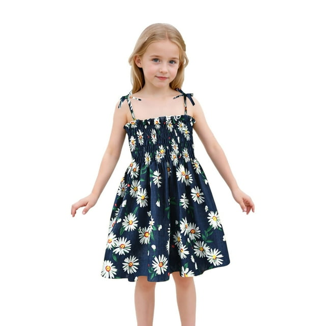 Robe d'Été pour Tout-Petits Filles Robe Évasée à Volants Bretelles Spaghetti Robe Florale Smockée pour Filles Robe Déguisement pour Filles