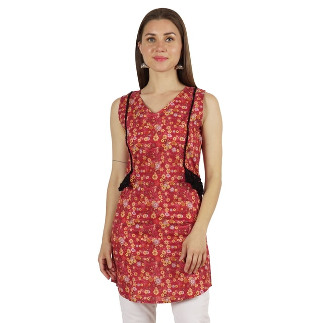 Moomaya Tunique en Coton Imprimée Sans Manches à Col en V Été Longue Blouse Décontractée pour Femme