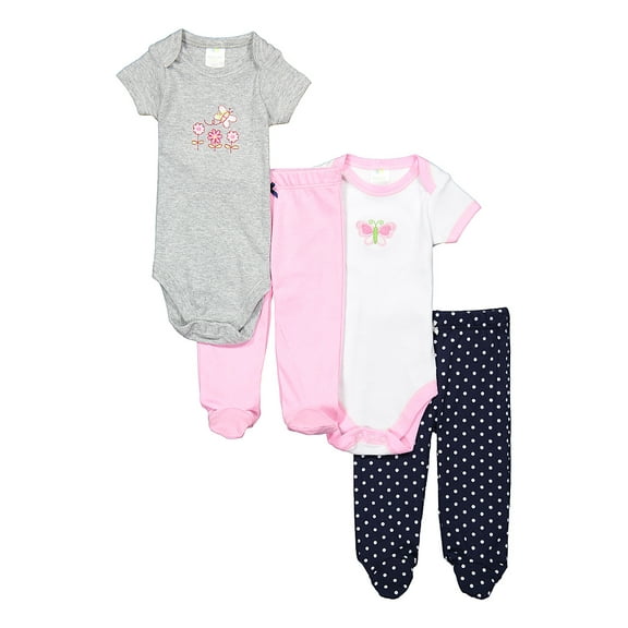 Spasilk Newborn Baby Layette Set, Short Sleeve Bodysuits with Pull-On Footed Pants, Baby Girls’ Clothing for 9 Months Old, Set of 4, Pink & Grey