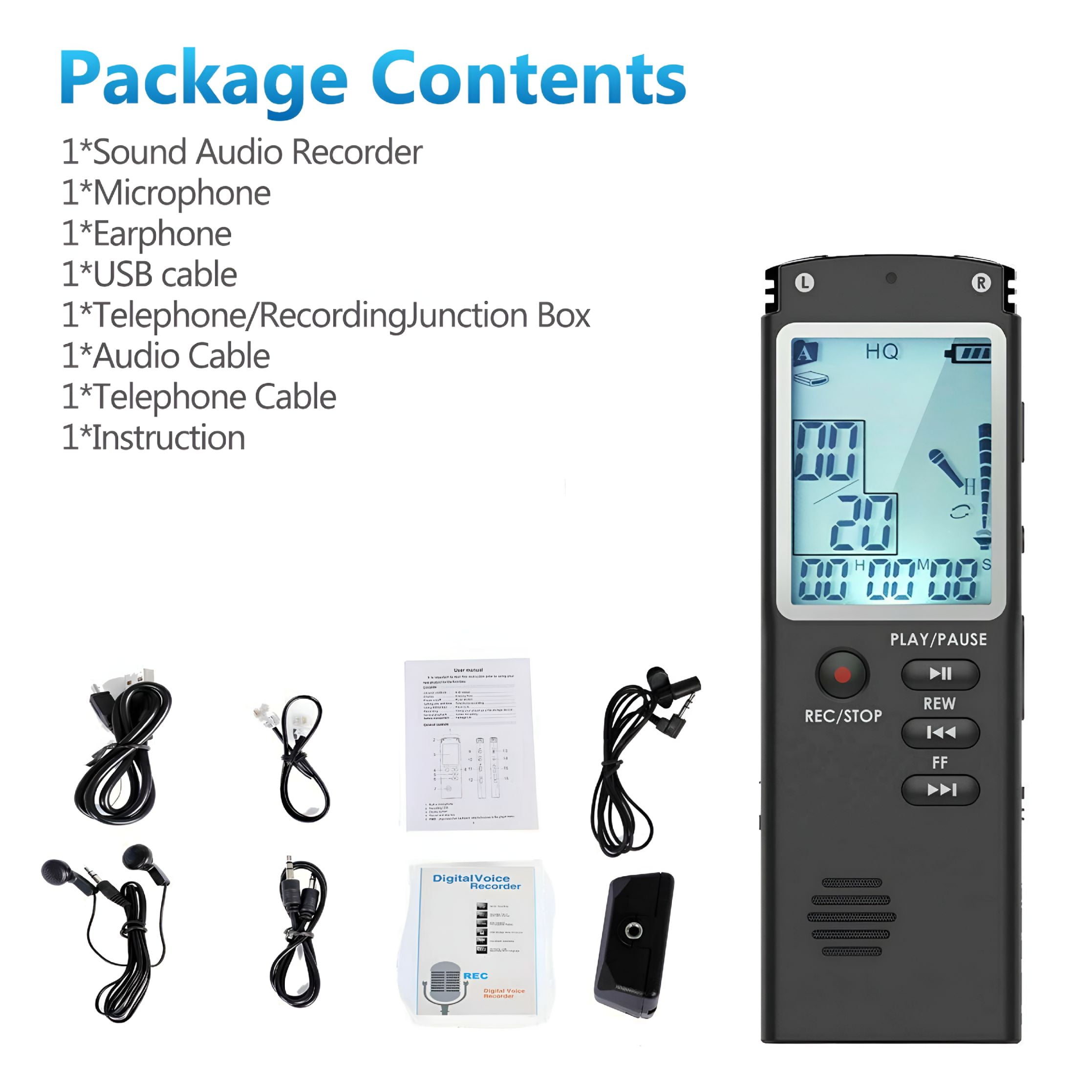 GJX 16Gb Digital Voice Activated Recorder for Lectures,12 Hours Sound Audio Recorder Spy Dictaphone Recording Device with Playback,Microphone,Earphone,Phone Cable,Etc
