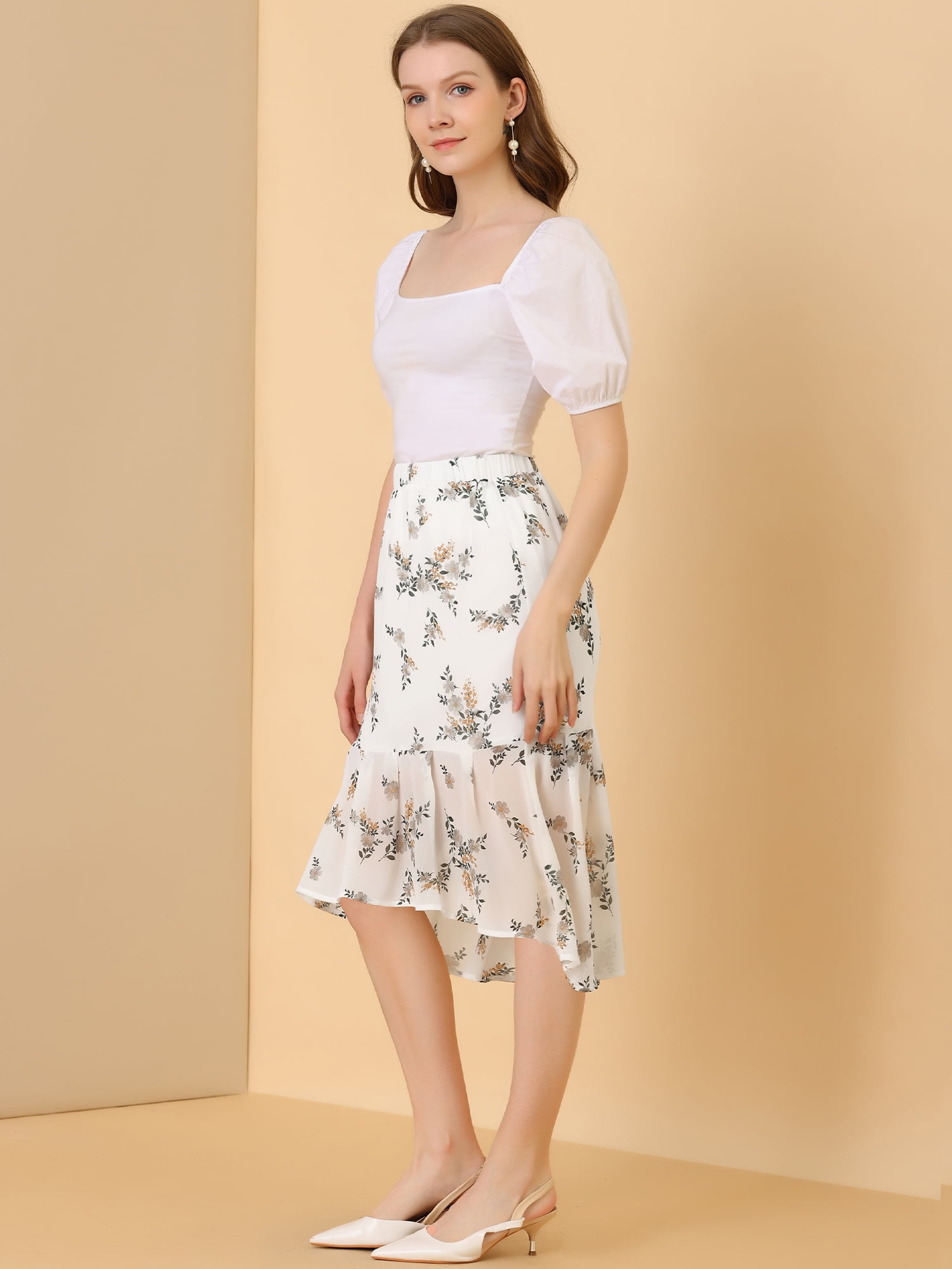 DARING DIVA Women's Floral Elastic Waist Bodycon Ruffle Hem Fishtail Skirt M White
