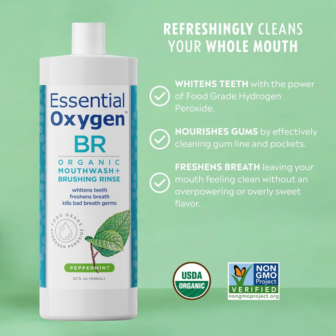Essential Oxygen BR Organic Mouthwash, Alcohol-Free, Anticavity, Peppermint, 16 oz, 3 Pack
