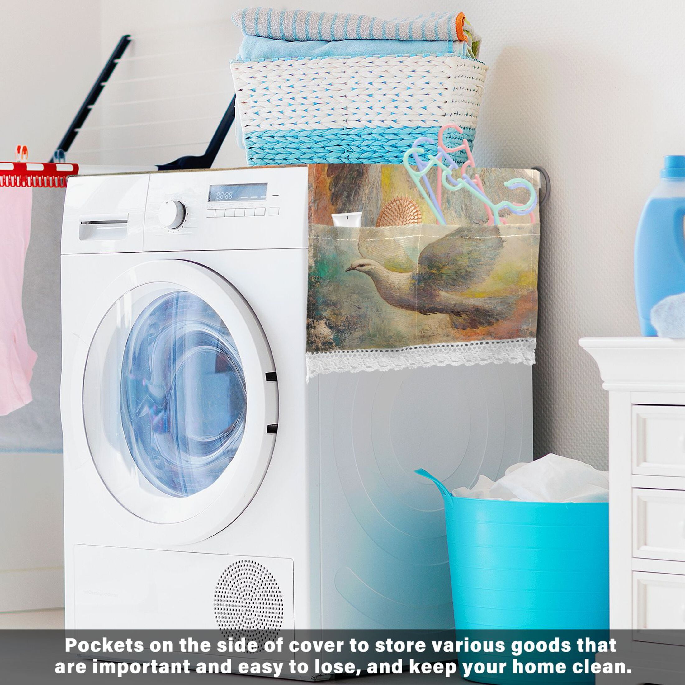 Dove Of PeaceWasher and Dryer Covers Dust-Proof and Oil Resistant Fridge Cover with 4 Storage Pockets Washing Machine Top Cover for Laundry Kitchen Home 51.2 x 22 In