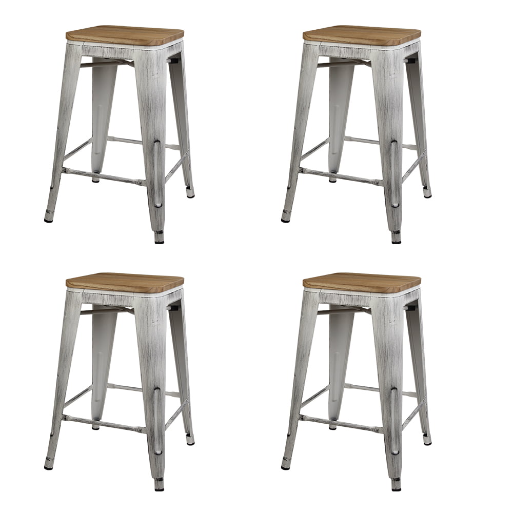 GIA 24-Inch Counter Height Backless Metal Stool with Light Wood Seat Set of 2 Antique White