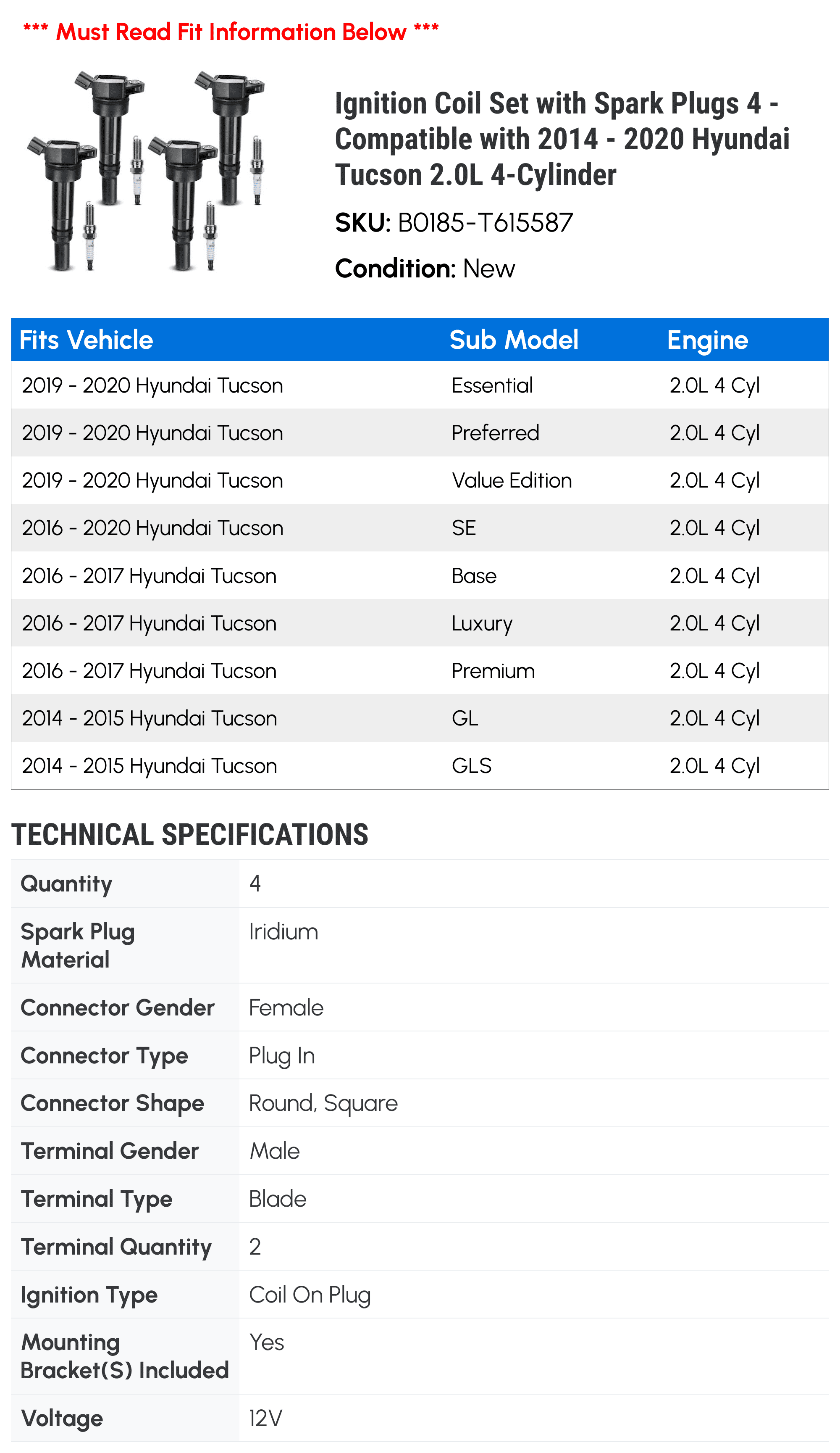 Ignition Coil Set with Spark Plugs 4 - Compatible with 2014 - 2020 Hyundai Tucson 2.0L 4-Cylinder - Autopart Premium
