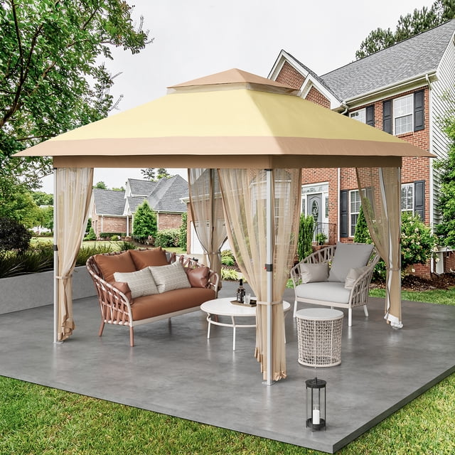 Abri de Jardin Portable Robuste 12x12 Pi Auvent Extérieur Tente Toit à Double Évent Rideaux Moustiquaire Abri de Patio Rapide Sac à Roulettes Inclus Jardin Pelouse Cour Arrière Fête Beige Kaki 3,6x3,6 m