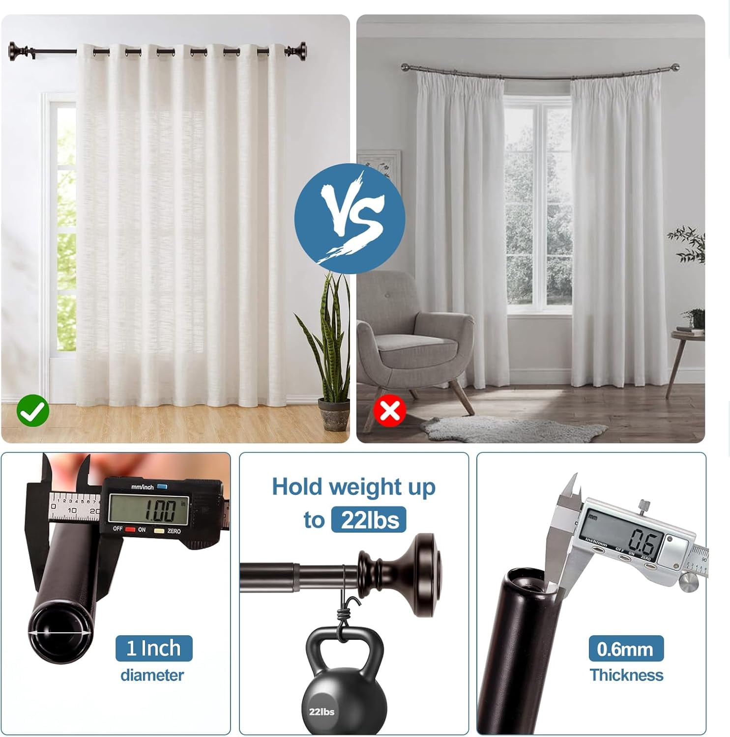 Urbanest Adjustable Double Curtain Rod Set Semplice Flat Button Finials – 1″ Front & 3/4″ Back Rod With Black Rod, 84–120 Inches