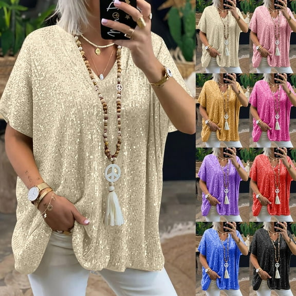 Jacenvly new summer tops for women Loose Women Short Sleeve Sequins Polluer Solid Blouse Shirt Skin-friendly sequined Ruffle Trim Flouncev neck t shirts womens plus size t-shirts Yellow