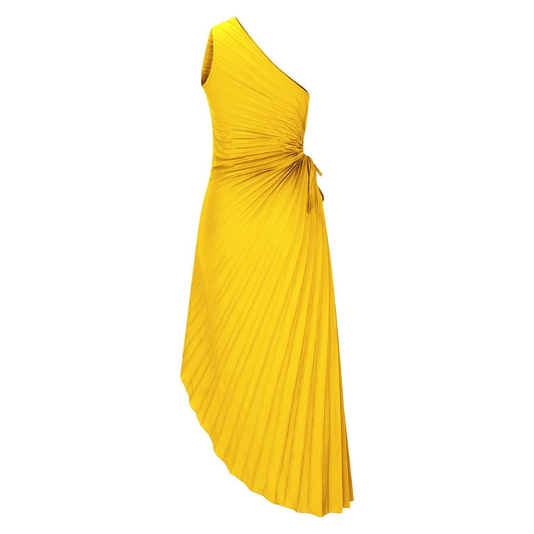 open lace back dress Yellow One Shoulder Cut Out Pleated Midi Dress  AX Paris