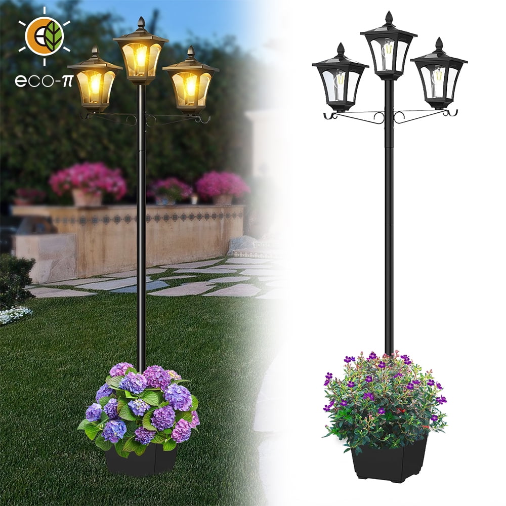 3-Head Solar Lights Outdoor Waterproof, Solar Lamp Post Light with Planter, 2 in 1 Outdoor Flower Pots for Garden, Yard