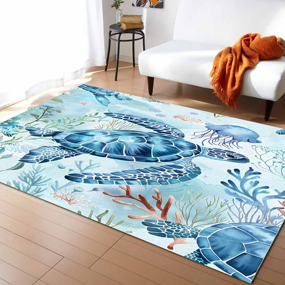 Area Rugs Indoor Non-Slip Rectangle Rug 5x8 Ft Summer Ocean Sea Turtle Nautical Coral Jellyfish Rug Rubber Backing Floor Mats Non Shedding Home Decor Carpet for Entryway Living Room