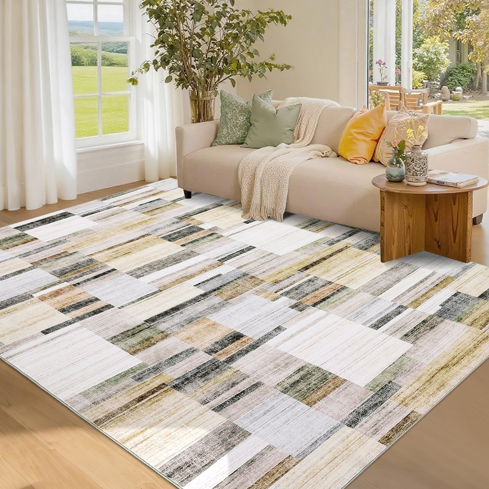 Garvee Geometric Area Rug 9x12 Modern Washable Rug for Living Room, Non-Slip Stain Resistant Indoor Carpet for Bedroom Dining Room Office, Khaki