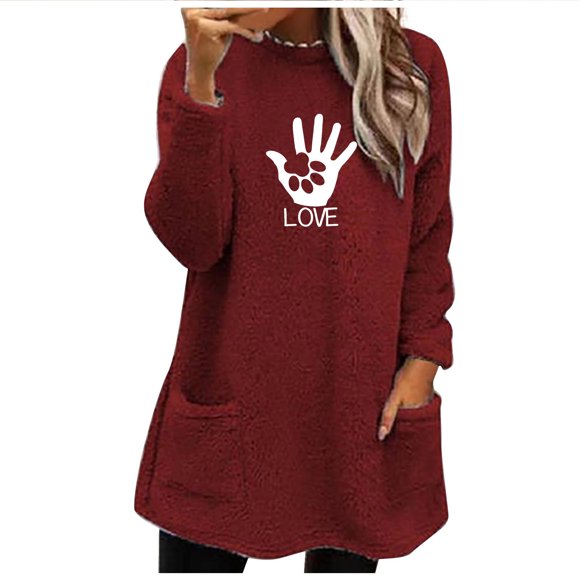 Virmaxy Fall Winter Mid-Length Sherpa Fleece Coat for Women Love Cat's Paw Printed Fuzzy Thicken Blouse Tops Long Sleeve Pullover Shirt Crew Neck Loose Plush Sweatshirt with Pocket Red-B S