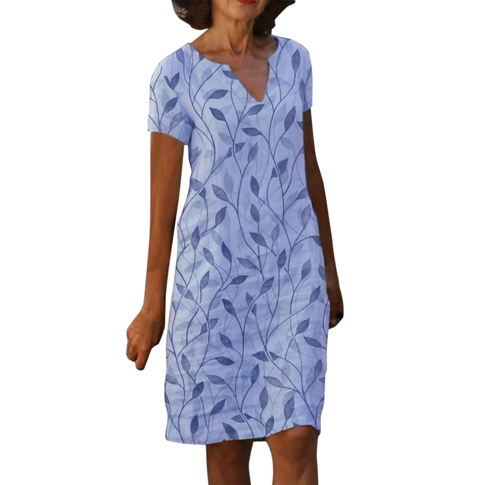 ABASSKY Women V Neck Short Sleeve Loose Printeded Tunic Knee Holiday Dress 