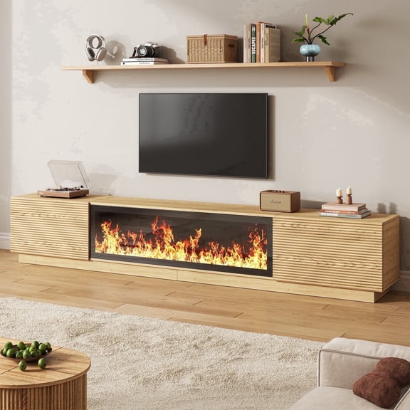 FOUHIU 94.5" Fireplace TV Stand with 47.3'' Fireplace Up to 100" TVs, Modern Entertainment Center with Storage Cabinets, Natural