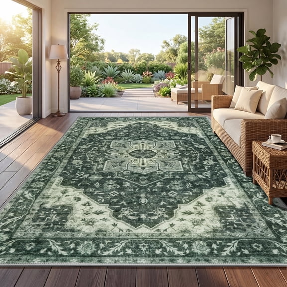 WANLISELL 8'x10' Area Rugs for Living Room, Non Slip Stain Resistant Washable Rug, Non-Shedding Distressed Farmhouse Soft Indoor Carpet, Dark Green