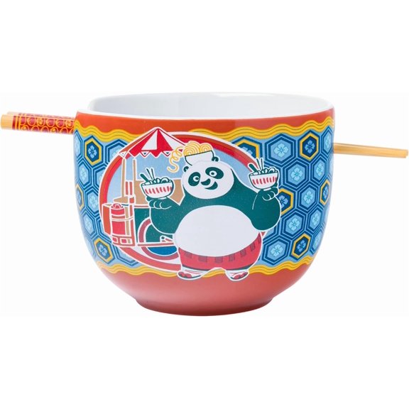 Kung Fu Panda Featuring Po Holding Ramen Ceramic Ramen Noodle Rice Bowl with and Spoon, Microwave Safe, 20 Ounces