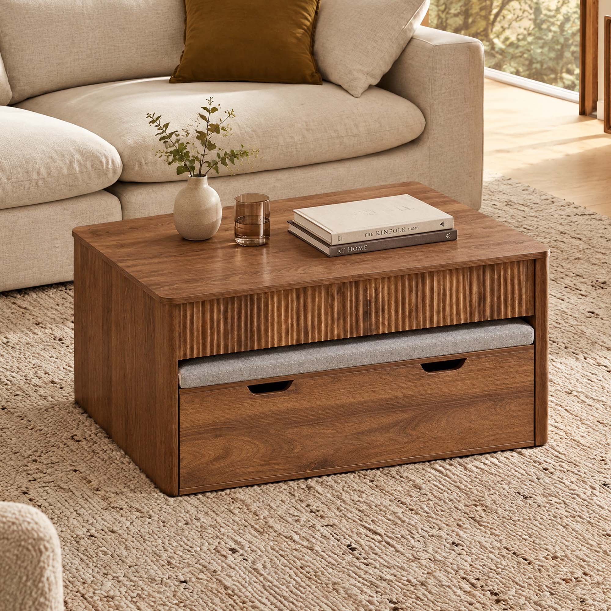 Spruce & Spring 39" Lift Top Coffee Table with Nesting Bench & Storage, Fluted Wood Design, 4-in-1 Convertible Center Table for Living Room & Small Spaces, Walnut