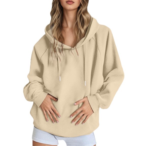 Ediodpoh Womens Hoodies Casual Solid Color Raglan Sleeve Pullover Comfortable Lightweight Warm Hooded Jacket for Everyday Wear Beige XXL