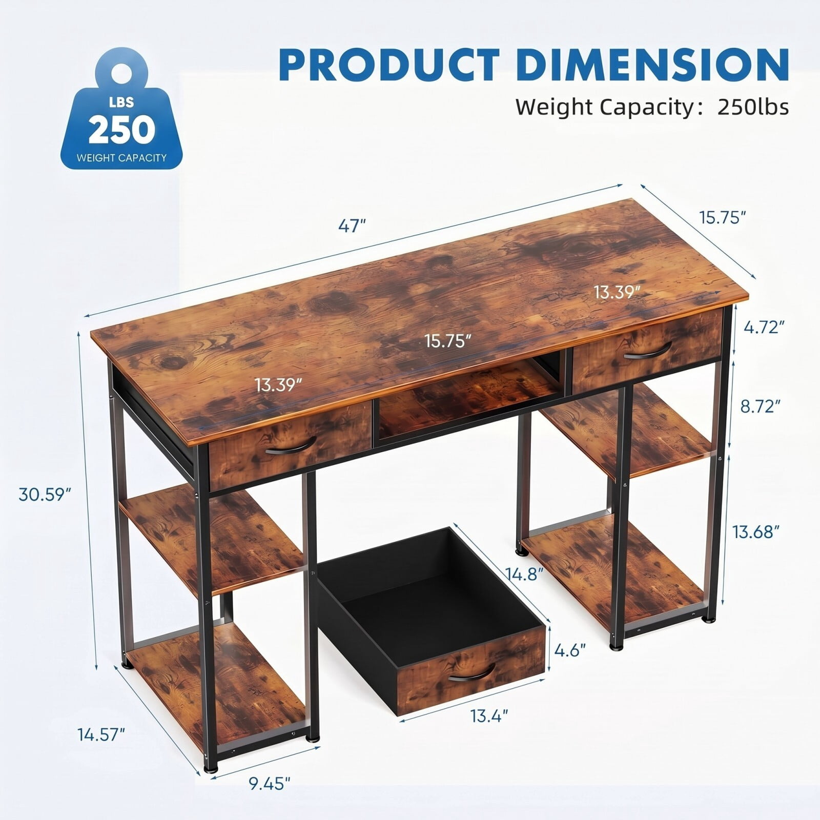 BEAUTYPEAK 48" Computer Desk with Fabric Drawers Storage Shelves Adjustable Feet Writing Gaming Table, Rustic Brown