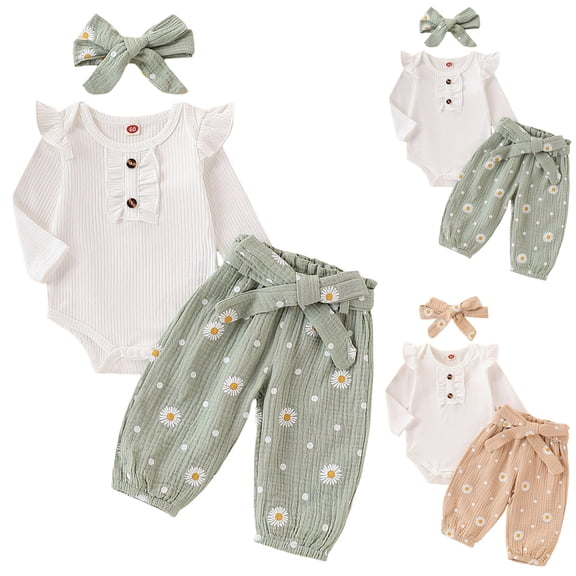 Pandaie Toddler Baby Girl Clothes Ruffle Long Sleeve Romper Flower Pants with Headband Infant Linen Summer Outfit 18-24 Months Khaki