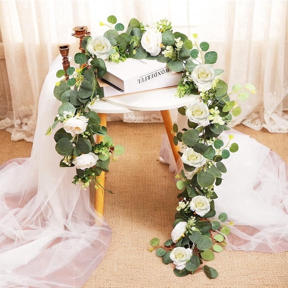 2Pcs 12FT Artificial Eucalyptus Flower Garland with Fake Rose Flower Vine Seeded Eucalyptus Leaves,Garlands for Home Decoration Wedding Arch Flowers Wedding Party Table Decor (White)