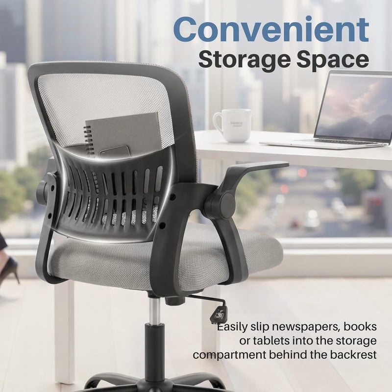 Simenmax Ergonomic Office Chair, Home Desk Computer Mesh Chair with Flip-Up Arms, Breathable Mid Back Chair for Small Spaces, Gray