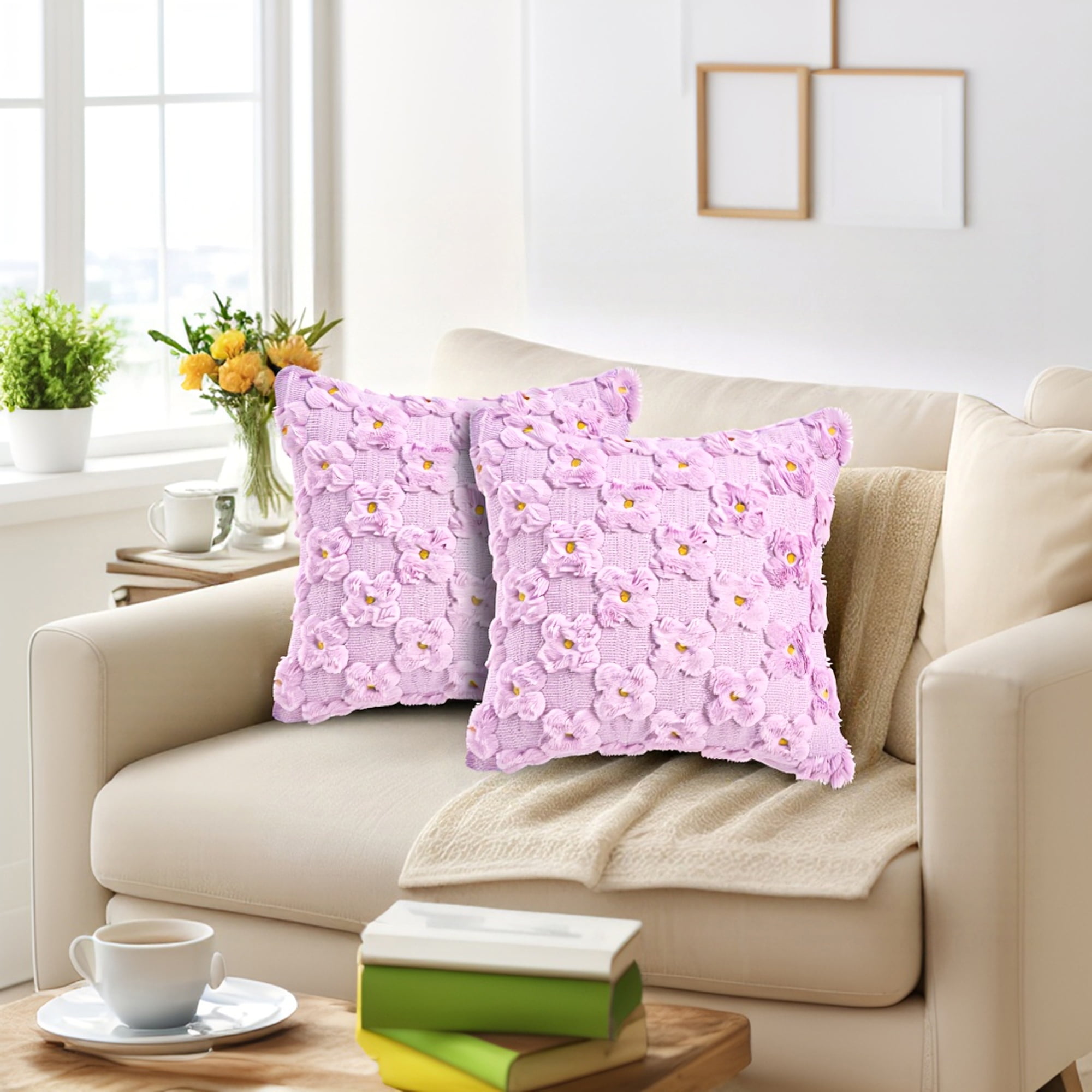 Unique Bargains Cute Daisy Embroidery Pillow Covers Pack of 2 Purple 18" x 18"