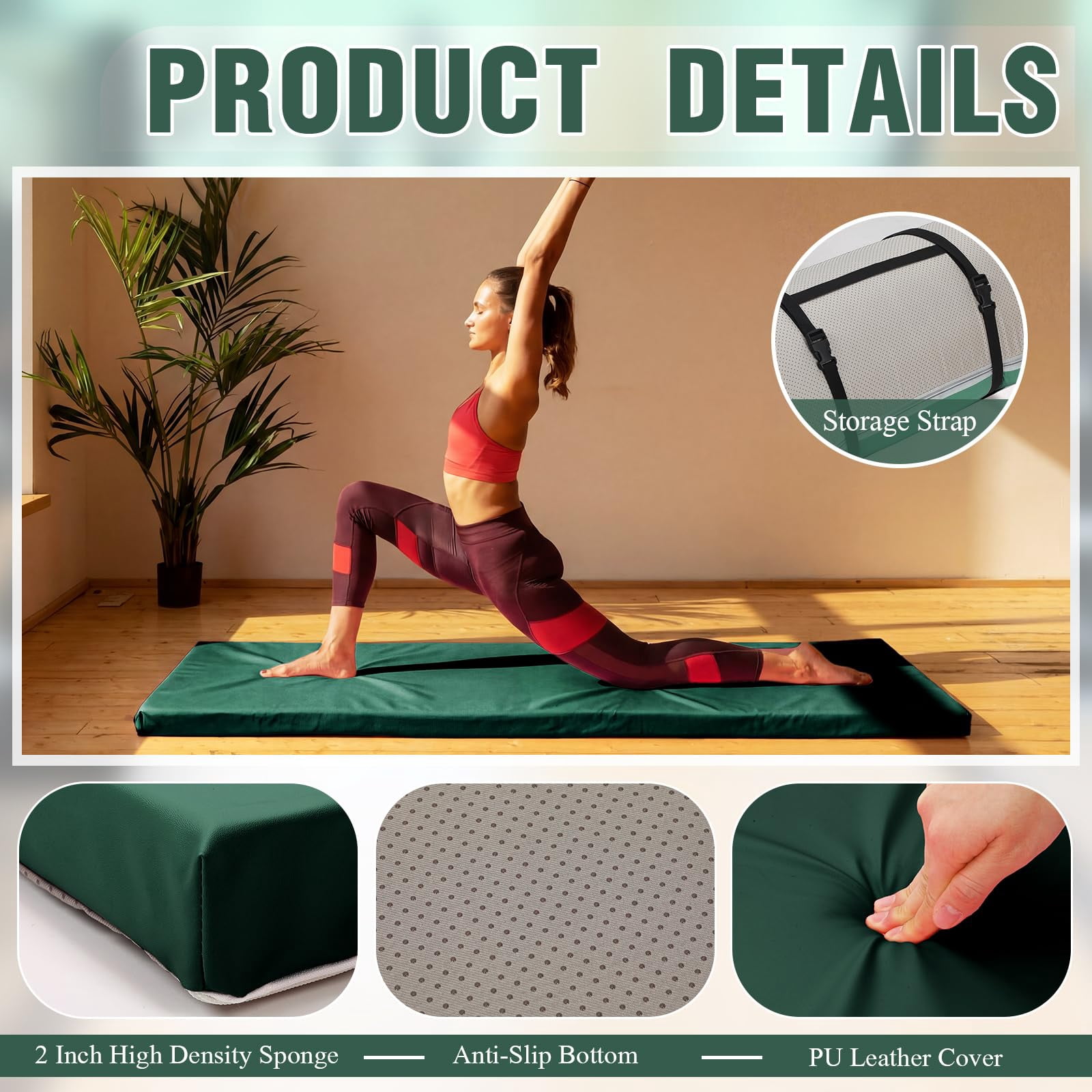 Dark Green Foldable Yoga Mat 2 Inch 72"x24" Thick With Carry Strap For Pilates And Stretching