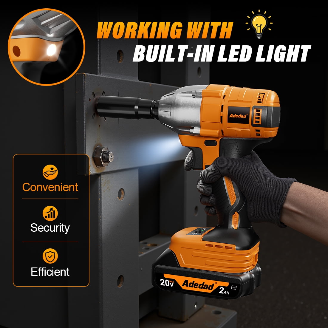 1/2 Power Impact Wrench 480N.m Impact Gun Cordless Electric Impact Driver with Battery and Charger include 17/19/20/21mm Sockets and 5 inch Extension Rod (1 xBattery)