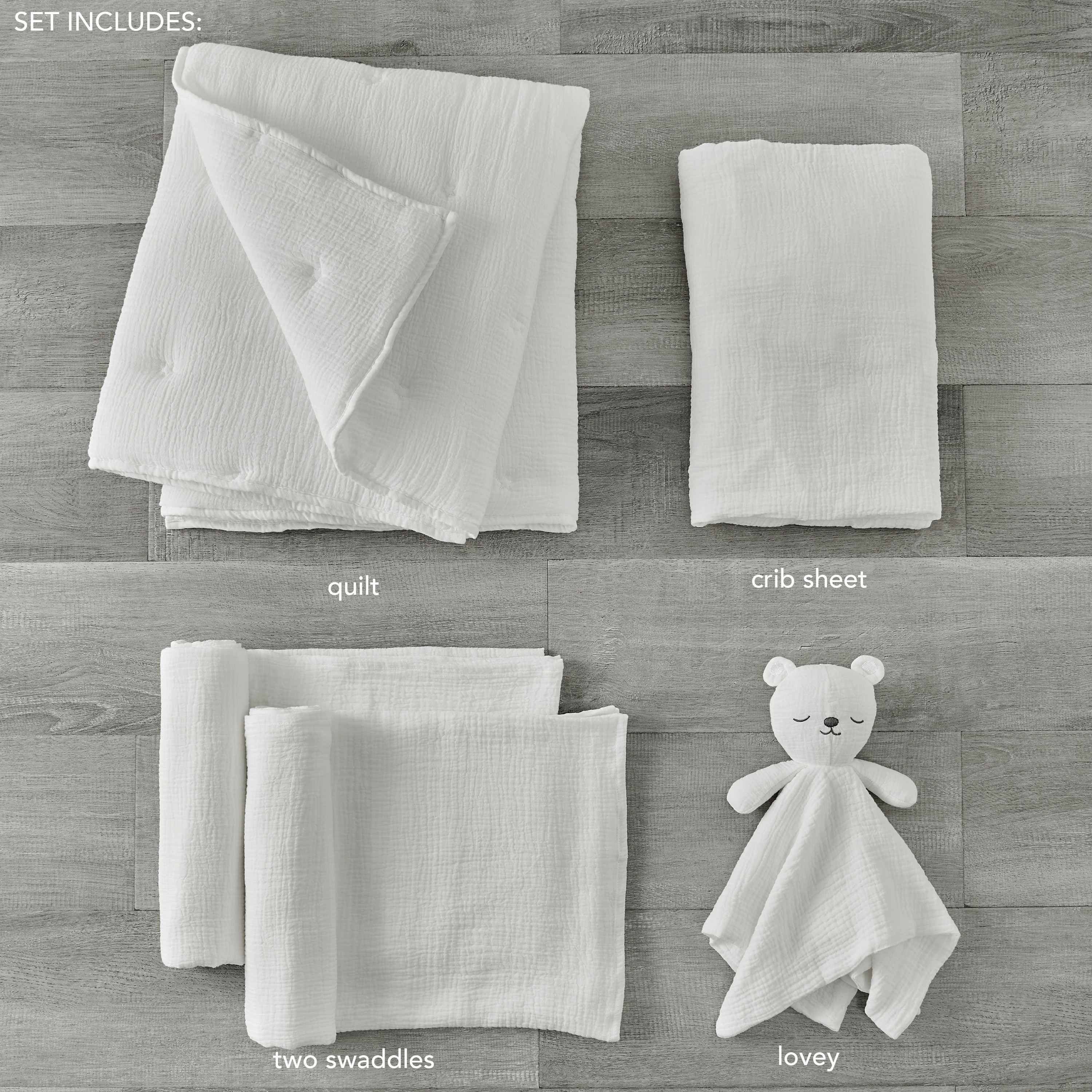 Levtex Baby - Cloud Muslin Crib Bed Set - Baby Nursery Set - White and White Stars - White Textured Muslin - 5 Piece Set Includes Quilt, Fitted Sheet, Two Swaddles & Bear Lovey