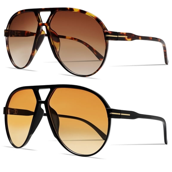 2 Pack Oversized Retro Aviator Sunglasses for Women Men - 70s Vintage Big Frame Gradient Lens UV400 Protection Tangle-Free Trendy Sun Glasses