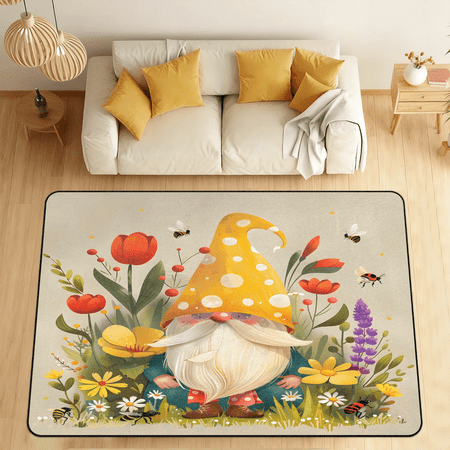 CURLYOOT Spring Cute Gnome Flower Area Rugs 5 x7  Washable Rug Large Living Room Rug Non Slip Indoor Floor Carpet for Dining Room Bedroom Home