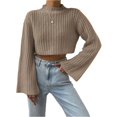 thumbnail image 3 of Wutalume Women's Solid Color Casual Bell Sleeve Knitted Short Sweater, Versatile Flared Sleeve Top, Lightweight Pullover for Transitional Seasons,Camel L, 3 of 8