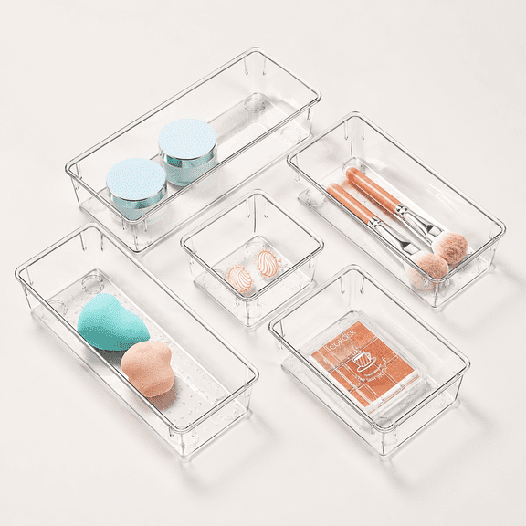 6 Pack Clear Drawer Organizer Set, Acrylic Drawer Storage Trays, Storage Bins for Makeup, Cosmetics, Jewelries, Utensils, Gadgets, Office