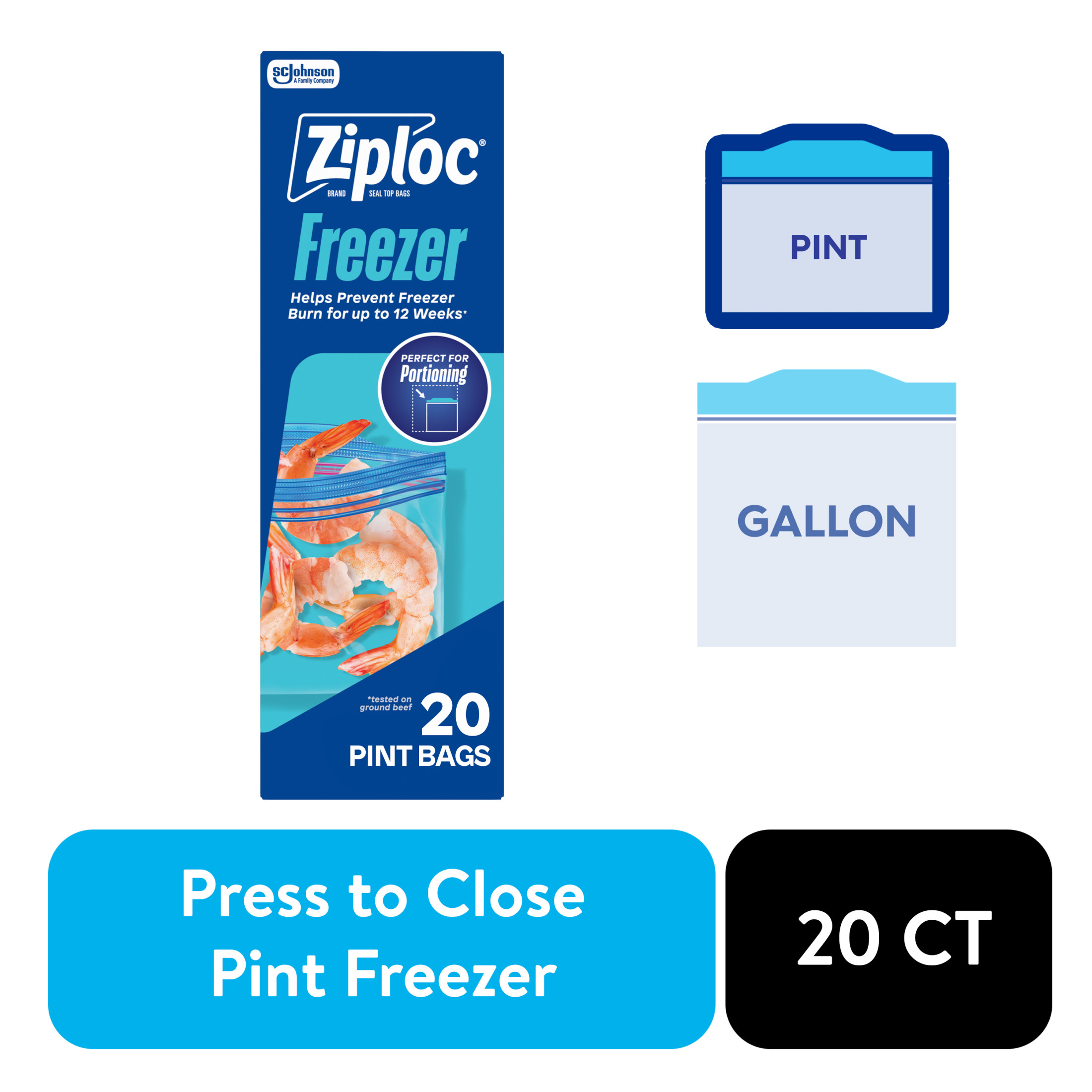 Ziploc Pint Freezer Bags, Grip 'n Seal, 20 Count
